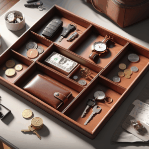 SANQIANWAN PU Leather Jewelry Valet Tray for Women and Men, Portable Entryway Table and Bedside Nightstand Desk Catchall Travel Dish Plate for Key, Wallet, Watch, Coin (Brown-B)