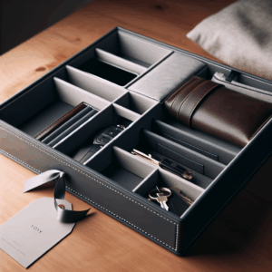 Baoyun Mens Valet Tray Organizer Leather Valet Box EDC Catch all tray with 5 Compartments for Wallet Key Phone Dresser Top Nightstand Organizer Valentines Day Gift for him (Grey & Black)