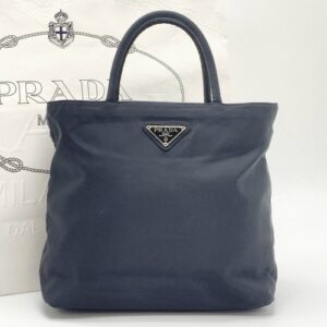 PRADA Tessuto Nylon Handbag Tote Bag Purse Black Triangle Logo Plate Authentic