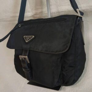 PRADA Shoulder Bag Black Triangle Logo Leather Nylon Camera Bag