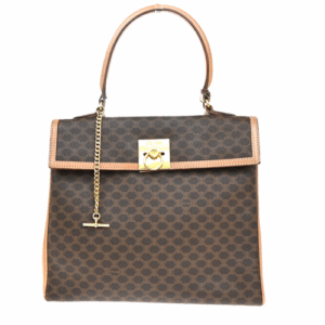 CELINE Logo Macadam Pattern Hand Bag PVC Leather Brown Gold Italy 04EF233