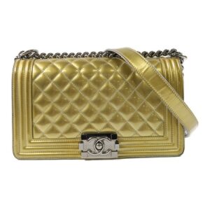 CHANEL Quilted CC SHW Boy 25 Chain Shoulder Bag A7086 Patent Leather Gold