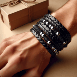 Bandmax Mens Double Row Black Braided Leather Wristband Stainless Steel Beaded Double Layer Leather Cord Wristband Bangle Gift for Men