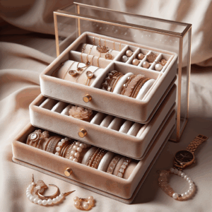 MINGRI Jewelry Organizer Trays,Earring Holder Tray Stackable Velvet Drawer Organizer Tray for Necklace,Ring,Bracelet Brooch Watch,Jewelry Storage Display Case Insert for Women Girls Set of 4 (Beige)