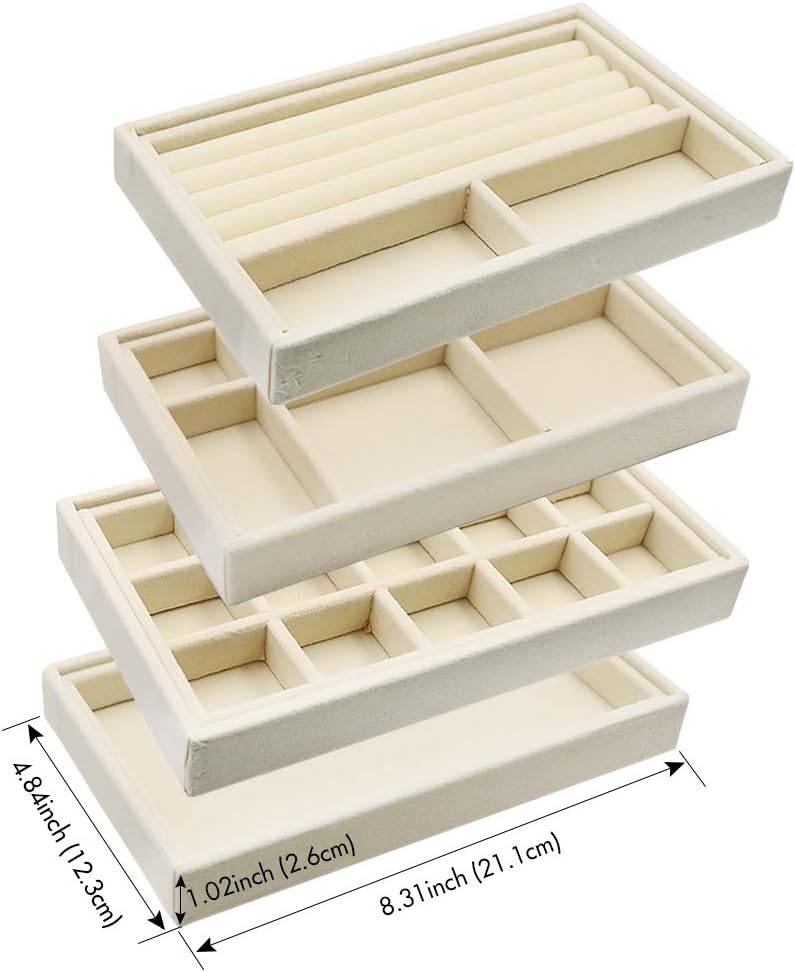 MINGRI Jewelry Organizer Trays,Earring Holder Tray Stackable Velvet Drawer Organizer Tray for Necklace,Ring,Bracelet Brooch Watch,Jewelry Storage Display Case Insert for Women Girls Set of 4 (Beige) - Image 4