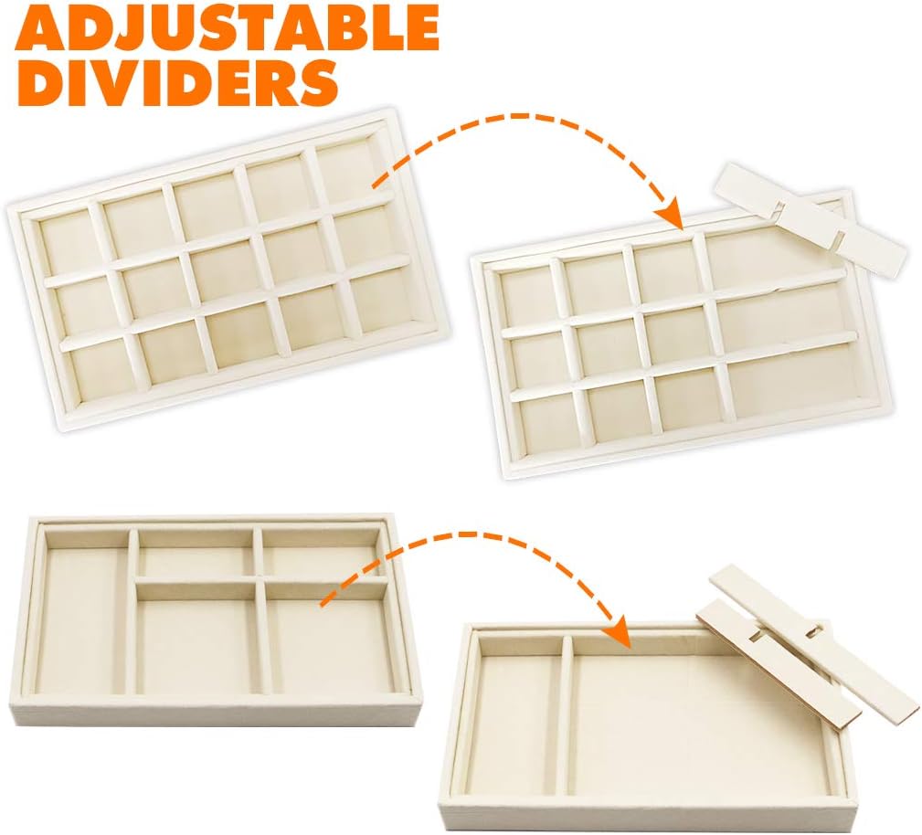 MINGRI Jewelry Organizer Trays,Earring Holder Tray Stackable Velvet Drawer Organizer Tray for Necklace,Ring,Bracelet Brooch Watch,Jewelry Storage Display Case Insert for Women Girls Set of 4 (Beige) - Image 3