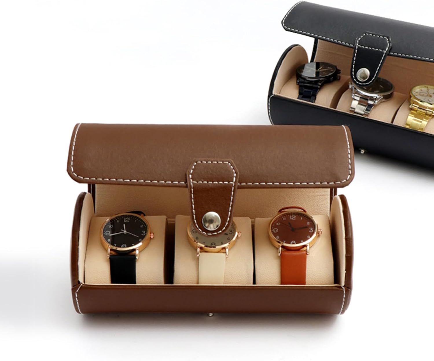 WisePoint 3 Slots Watch Box, PU Leather Watch Case Portable Watch Roll Travel Case for Men and Women, Vintage Watch Display Case with Detachable Pillows for Watch, Jewelry (brown) - Image 3