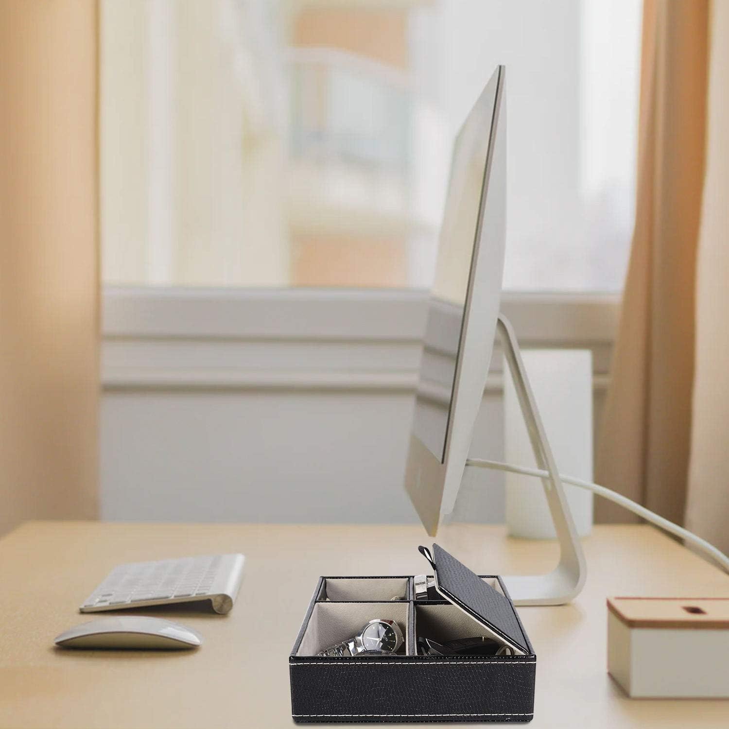 Baoyun Mens Valet Tray Organizer Leather Valet Box EDC Catch all tray with 5 Compartments for Wallet Key Phone Dresser Top Nightstand Organizer Valentines Day Gift for him (Grey & Black) - Image 3