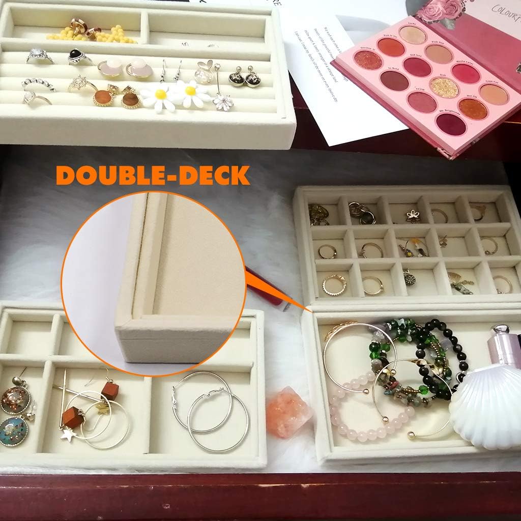 MINGRI Jewelry Organizer Trays,Earring Holder Tray Stackable Velvet Drawer Organizer Tray for Necklace,Ring,Bracelet Brooch Watch,Jewelry Storage Display Case Insert for Women Girls Set of 4 (Beige) - Image 7