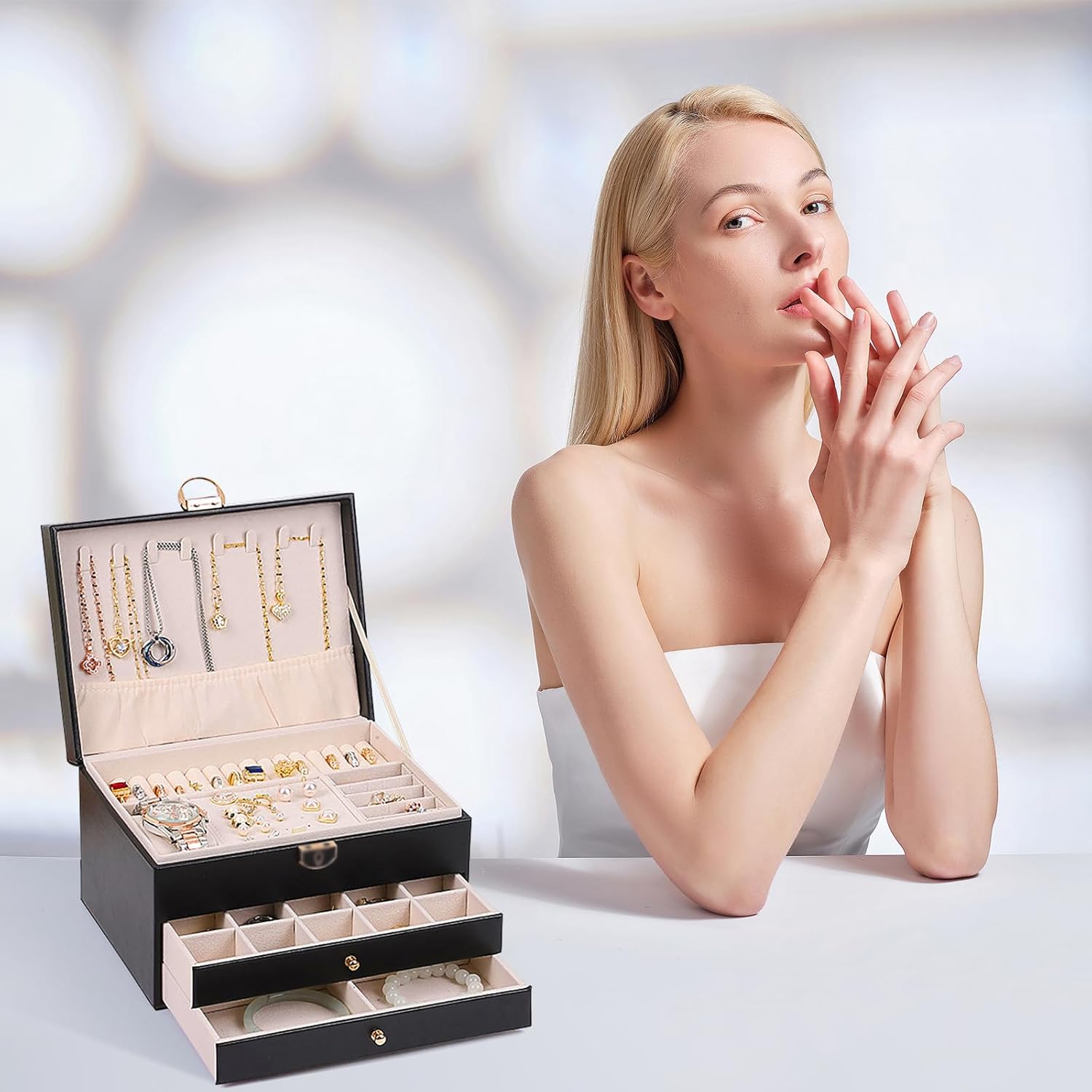 Jewelry Box for Women and Girls,3 Layer Large Jewelry Organizer With Removable Tray,Velvet Lined Jewelry Storage Case Pu Leather with Lock for Rings Earrings Necklace Bracelet Watch(Black) - Image 6