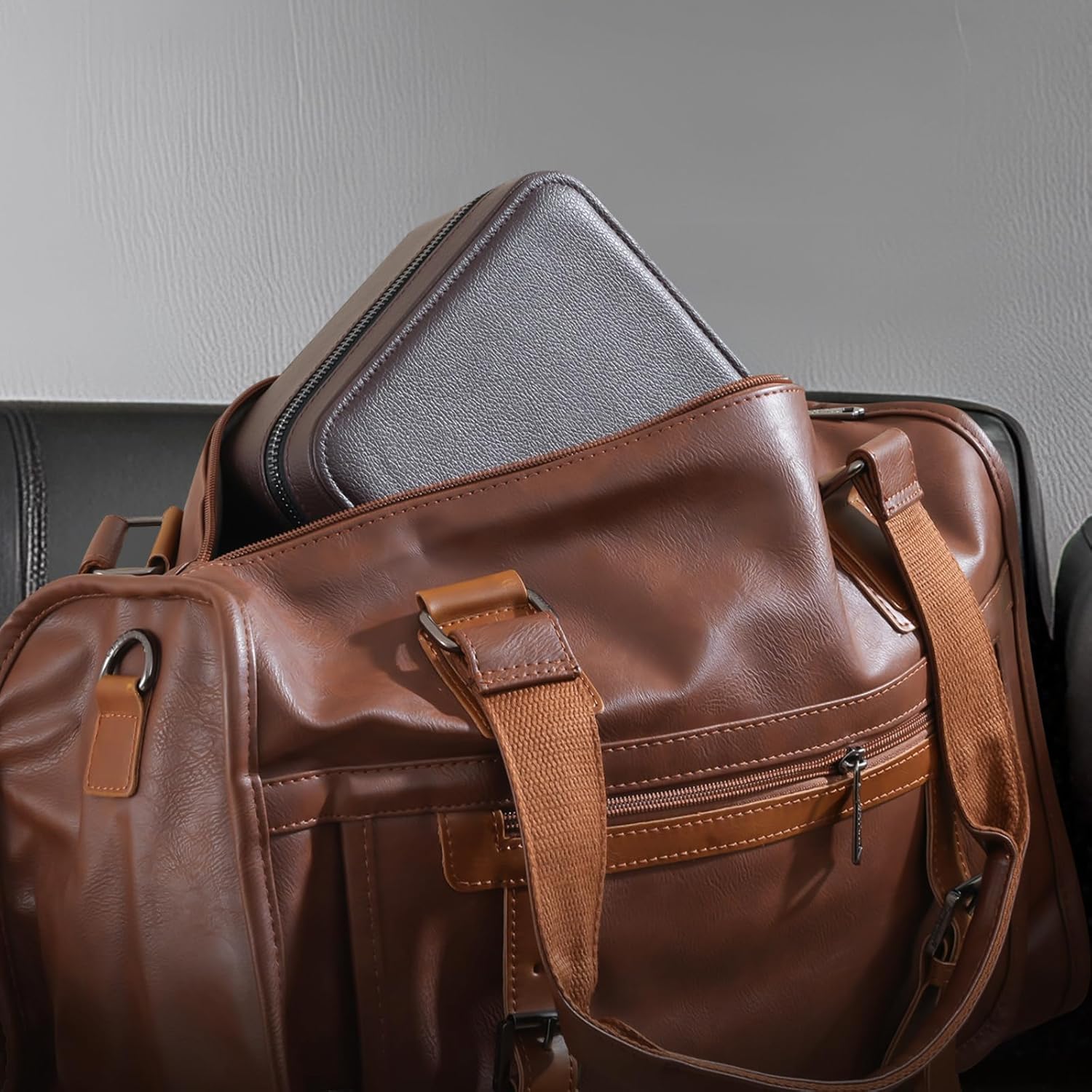 ProCase Travel Watch Case, 3 Slots PU Leather Mens Jewelry Box, Portable Watches Cufflinks Accessories Storage Case, Zippered Carrying Organizer Bag for Man -Brown - Image 3