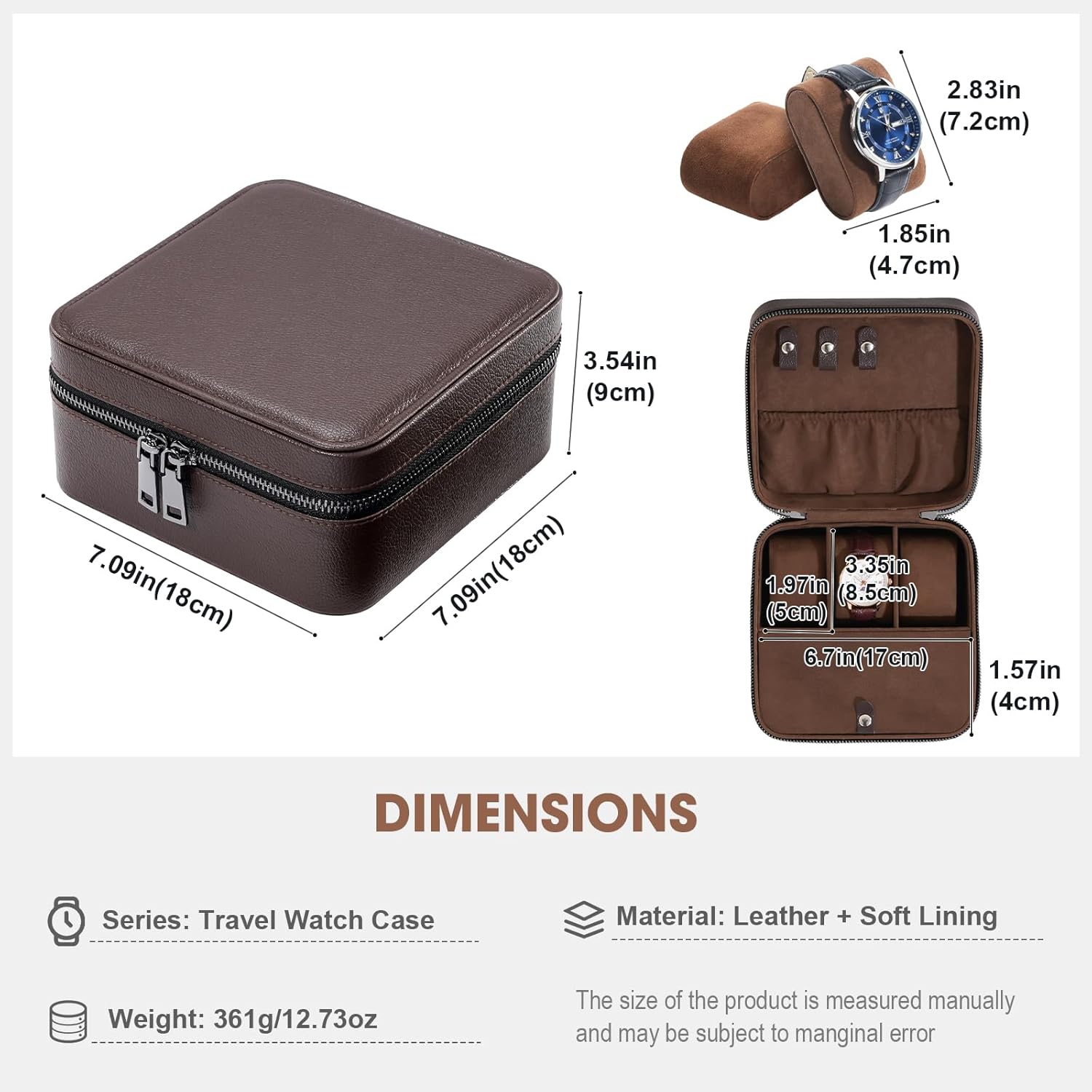 ProCase Travel Watch Case, 3 Slots PU Leather Mens Jewelry Box, Portable Watches Cufflinks Accessories Storage Case, Zippered Carrying Organizer Bag for Man -Brown - Image 6