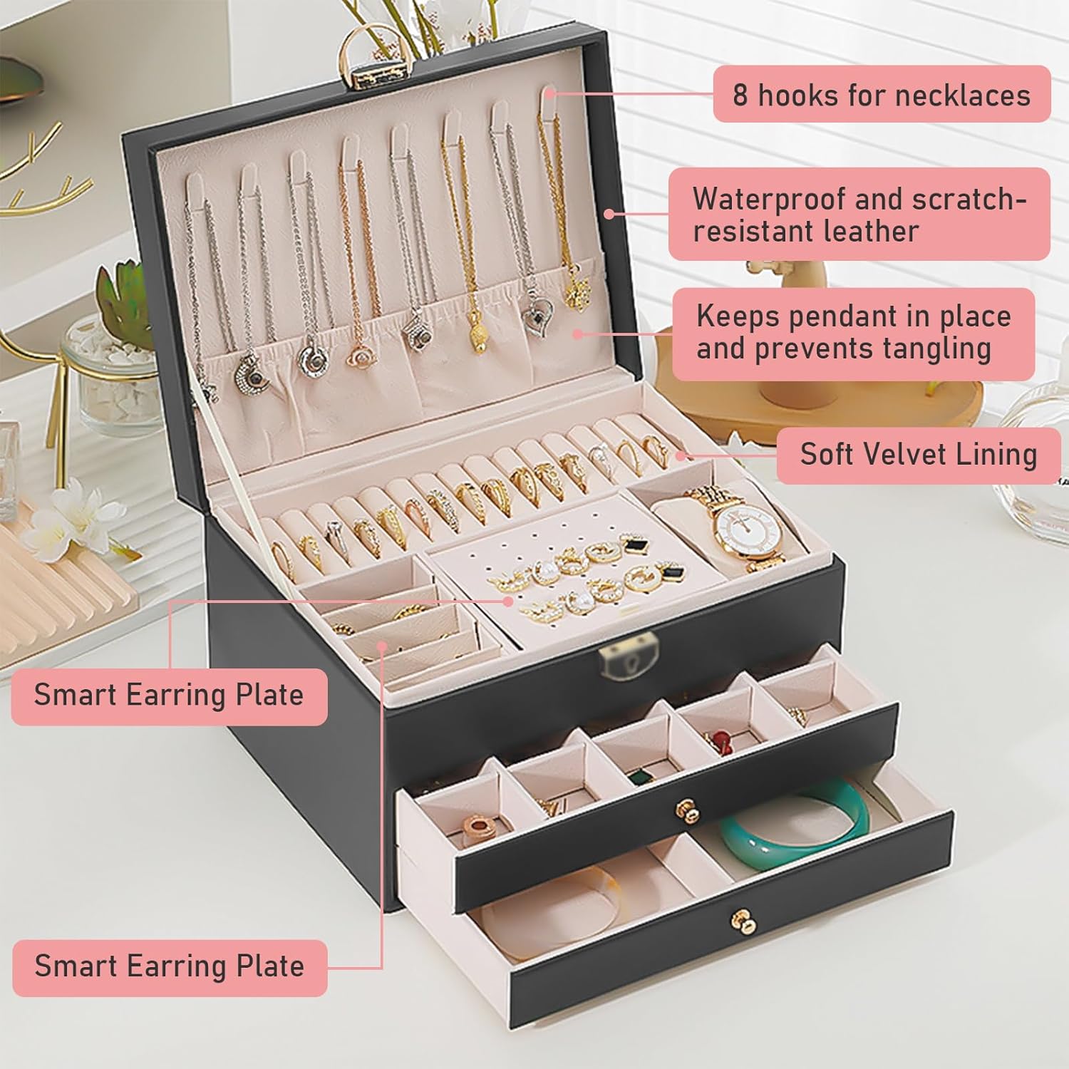 Jewelry Box for Women and Girls,3 Layer Large Jewelry Organizer With Removable Tray,Velvet Lined Jewelry Storage Case Pu Leather with Lock for Rings Earrings Necklace Bracelet Watch(Black) - Image 2