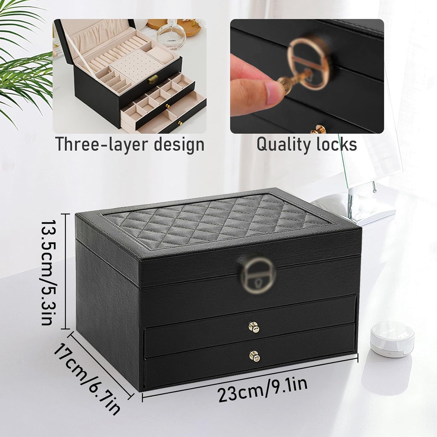 Jewelry Box for Women and Girls,3 Layer Large Jewelry Organizer With Removable Tray,Velvet Lined Jewelry Storage Case Pu Leather with Lock for Rings Earrings Necklace Bracelet Watch(Black) - Image 5