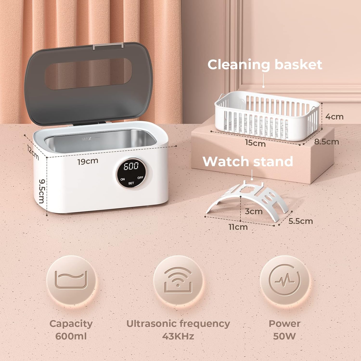 Ultrasonic Jewelry Cleaner, Ultrasonic Cleaner with 600ML Large Capacity, Jewelry Cleaner Machine with 5 Digital Timer, Basket and Holder, Ultra Sonic Cleaner for Jewelry, Glasses, Ring, Watch Strap - Image 2