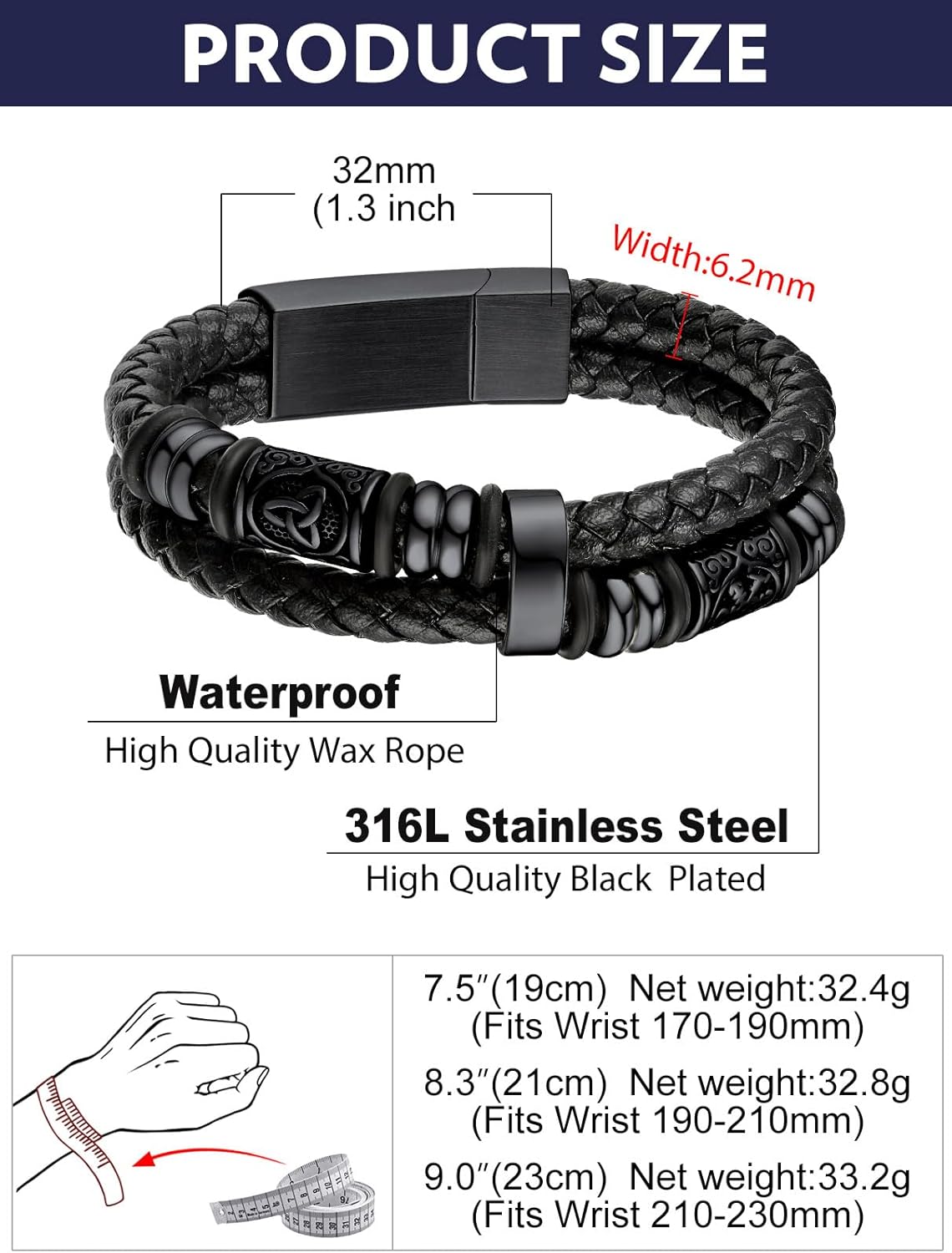 Bandmax Mens Double Row Black Braided Leather Wristband Stainless Steel Beaded Double Layer Leather Cord Wristband Bangle Gift for Men - Image 7