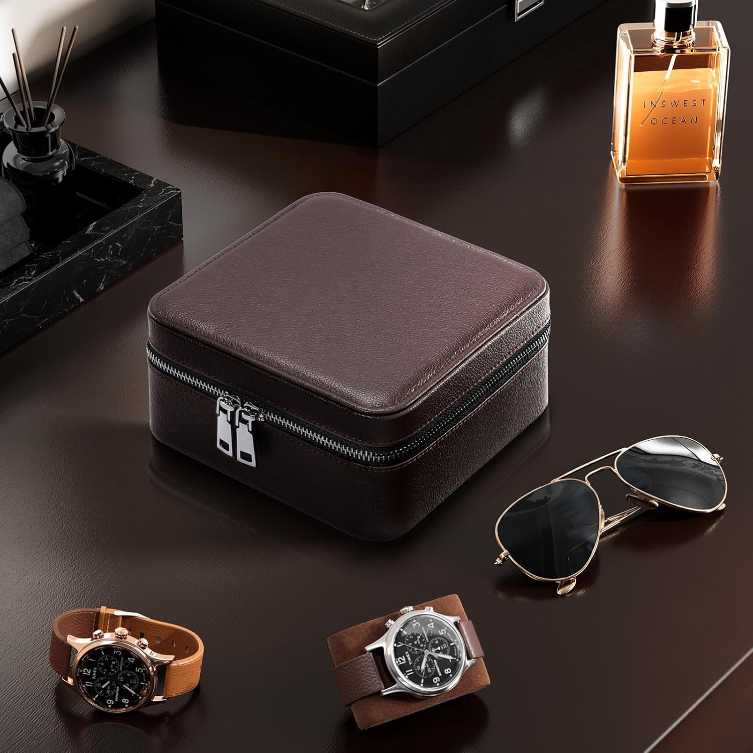 ProCase Travel Watch Case, 3 Slots PU Leather Mens Jewelry Box, Portable Watches Cufflinks Accessories Storage Case, Zippered Carrying Organizer Bag for Man -Brown - Image 2