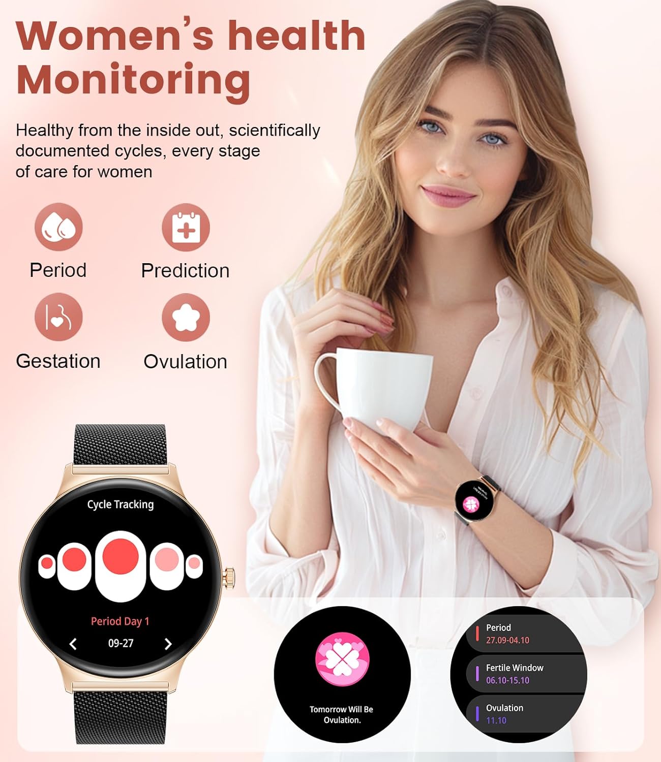 Smart Watch for Women Ultra-Slim with AMOLED Screen Answer/Make Call Always-on Display 100+ Sport Modes Pedometer/Calorie/Menstruation Android iOS Smartwatch for Woman Girl - Image 8