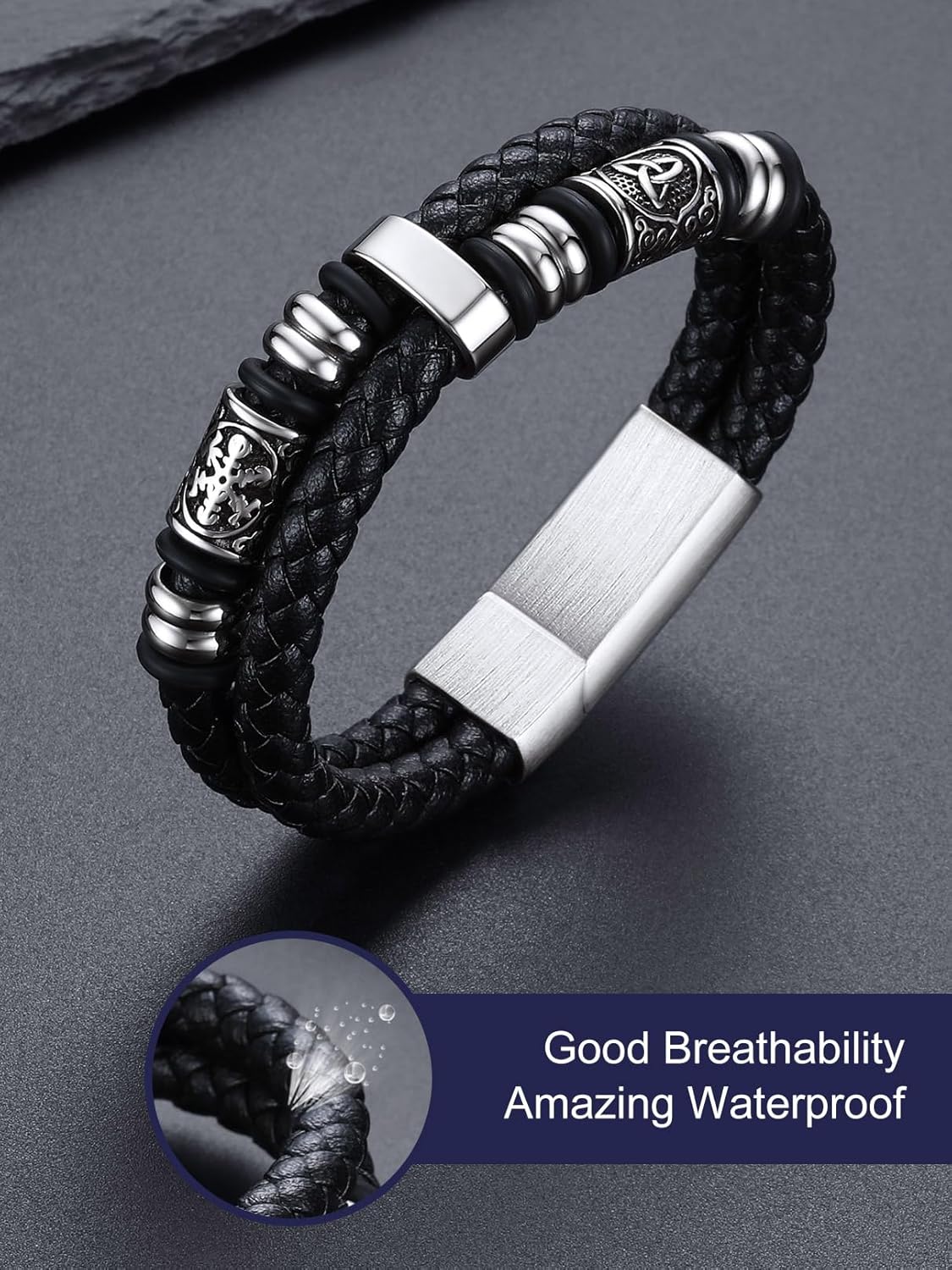 Bandmax Mens Double Row Black Braided Leather Wristband Stainless Steel Beaded Double Layer Leather Cord Wristband Bangle Gift for Men - Image 8