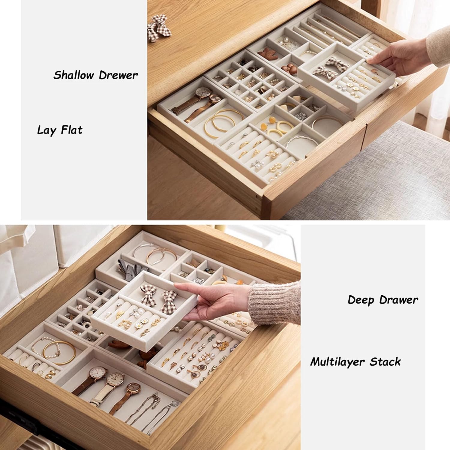 MINGRI Jewelry Organizer Trays,Earring Holder Tray Stackable Velvet Drawer Organizer Tray for Necklace,Ring,Bracelet Brooch Watch,Jewelry Storage Display Case Insert for Women Girls Set of 4 (Beige) - Image 2