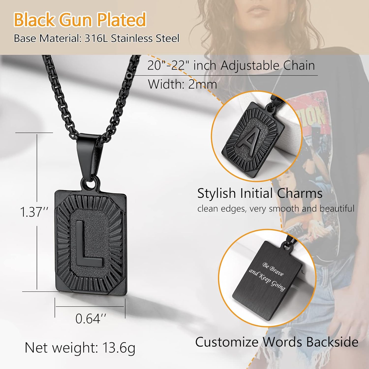 Initial Letter Pendant Necklace for Men Women, Capital Letter Necklaces A to Z, Black/Yellow Gold Plated Stainless Steel Jewelry, Customize Text Available, Box Chain 20-22 inch Adjustable - Image 5