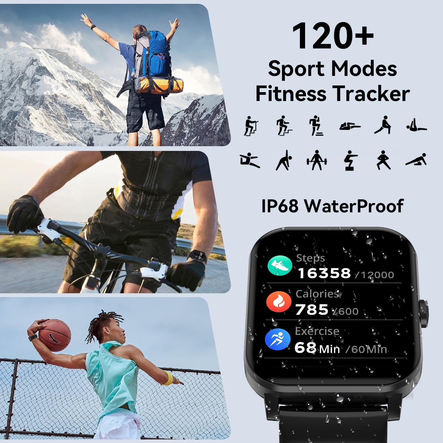 Smart Watch for Men Women, 1.85" HD Touch Screen with Bluetooth Calling, 120+ Sports Modes, Heart Rate/Sleep/SpO2 Monitor, IP68 Waterproof, Compatible with iOS/Android (Black) - Image 4