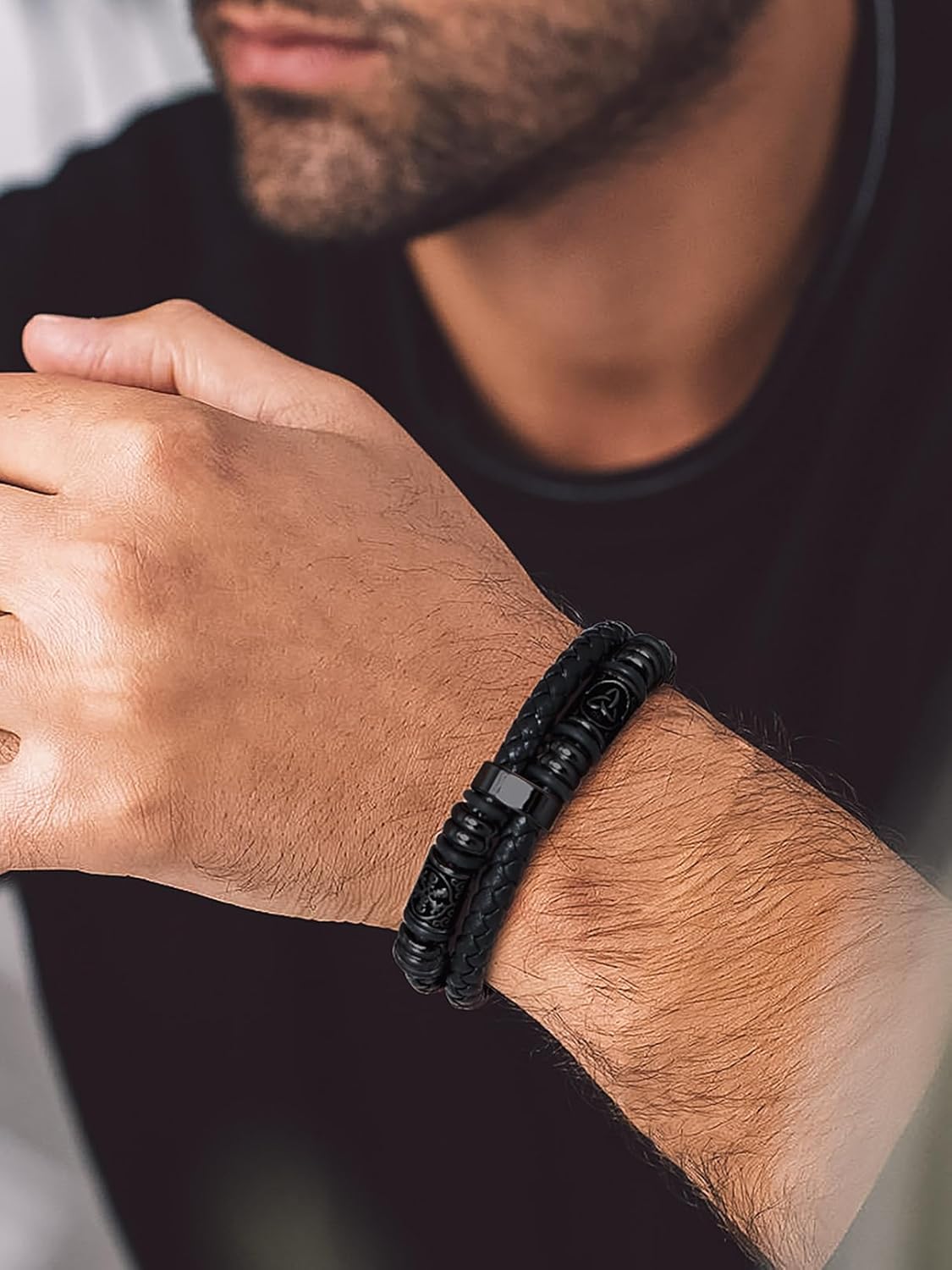 Bandmax Mens Double Row Black Braided Leather Wristband Stainless Steel Beaded Double Layer Leather Cord Wristband Bangle Gift for Men - Image 3