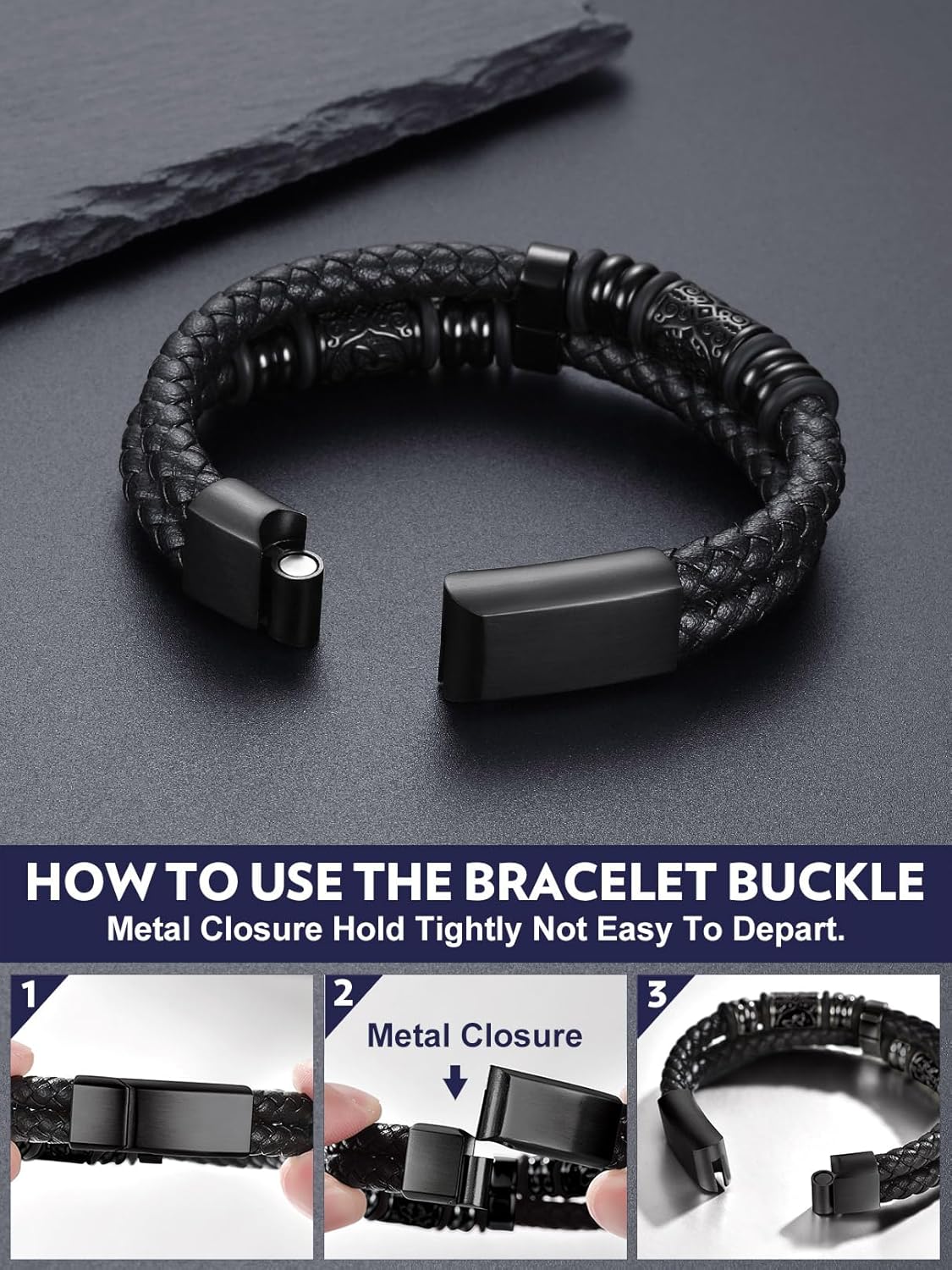 Bandmax Mens Double Row Black Braided Leather Wristband Stainless Steel Beaded Double Layer Leather Cord Wristband Bangle Gift for Men - Image 5