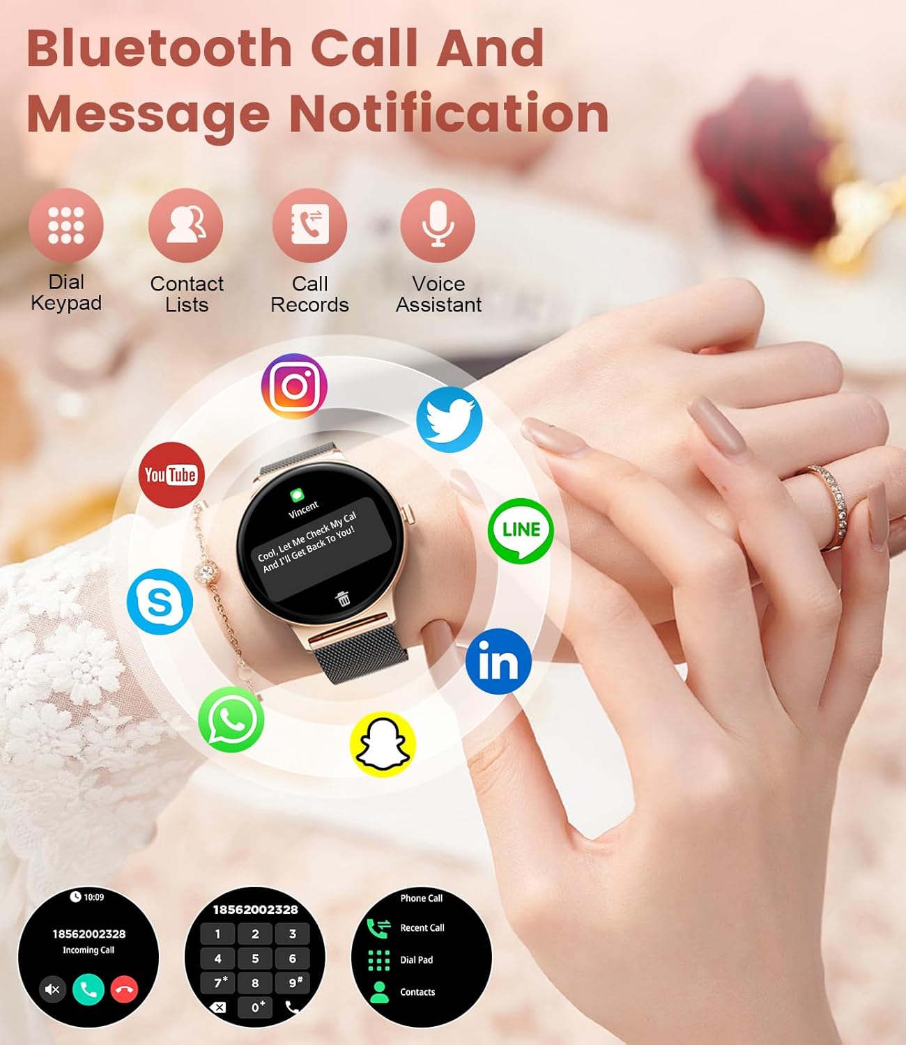 Smart Watch for Women Ultra-Slim with AMOLED Screen Answer/Make Call Always-on Display 100+ Sport Modes Pedometer/Calorie/Menstruation Android iOS Smartwatch for Woman Girl - Image 3
