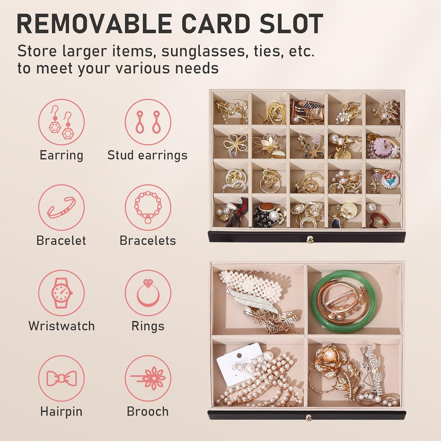 Jewelry Box for Women and Girls,3 Layer Large Jewelry Organizer With Removable Tray,Velvet Lined Jewelry Storage Case Pu Leather with Lock for Rings Earrings Necklace Bracelet Watch(Black) - Image 3