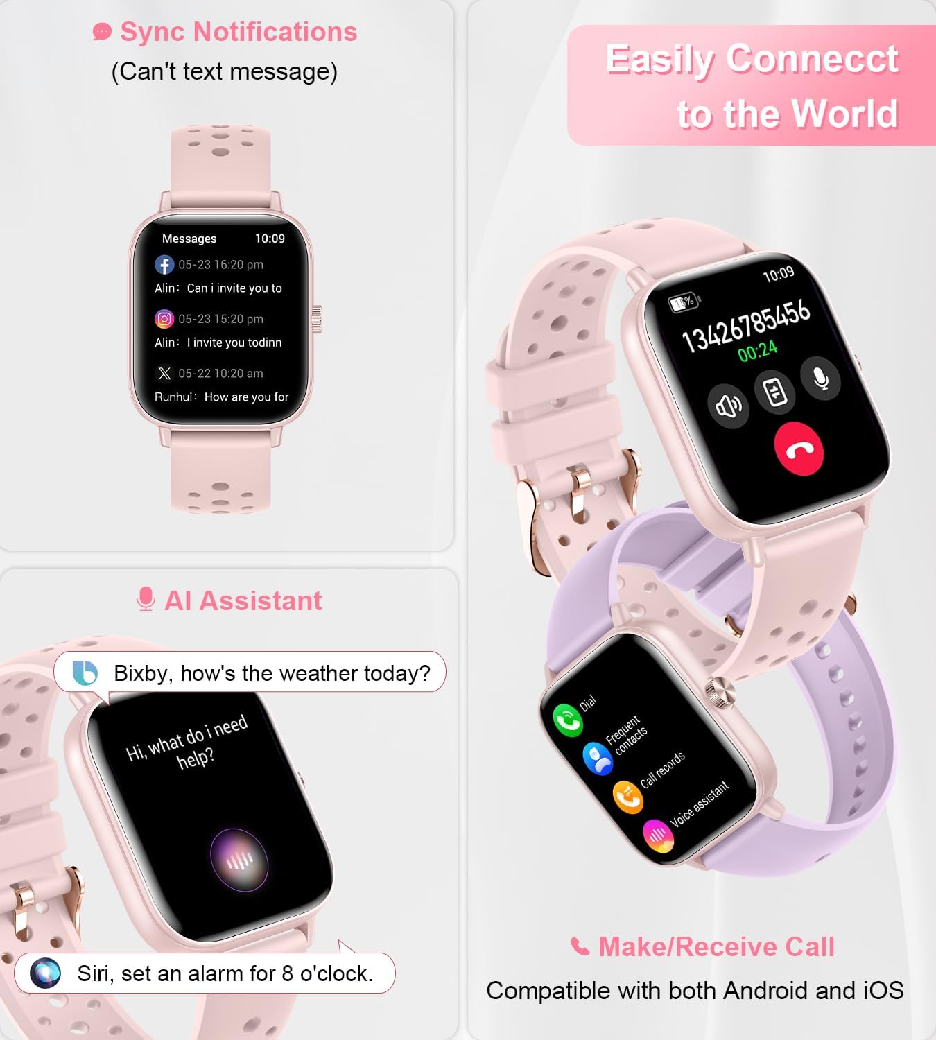 Smart Watch, Colesma Smart Watch for Women 1.83" Fitness Tracker, Bluetooth Call, DIY Dial, Heart Rate SpO2 Steps Sleep Monitor, 120+ Sports Modes, IP68 Waterproof Smartwatch for Android & iOS Pink - Image 3