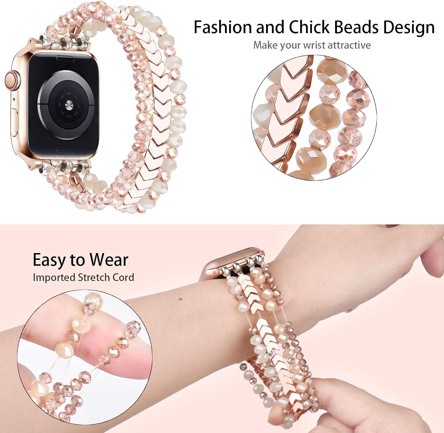 V-MORO Beaded Bracelet Compatible with Apple Watch Band 38mm/40mm/41mm/42mm/44mm/45mm/49mm/46mm Series 10/9/8/7/SE/6/5/4/3/2/1 Women Fashion Handmade Elastic Stretch Strap for iWatch Bands Replacement - Image 3