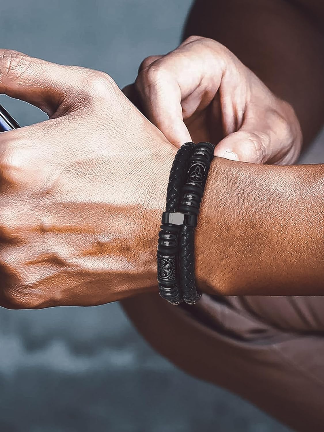 Bandmax Mens Double Row Black Braided Leather Wristband Stainless Steel Beaded Double Layer Leather Cord Wristband Bangle Gift for Men - Image 2