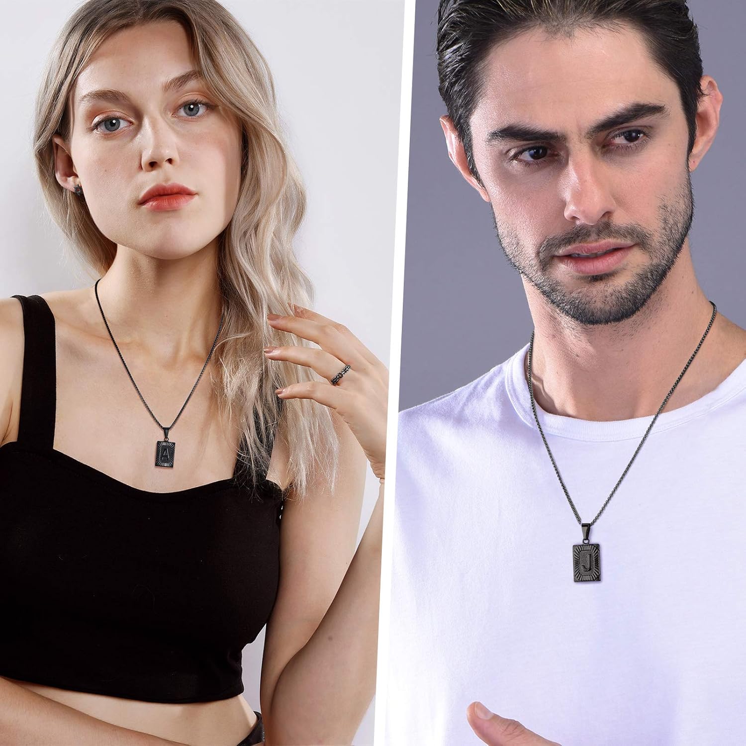 Initial Letter Pendant Necklace for Men Women, Capital Letter Necklaces A to Z, Black/Yellow Gold Plated Stainless Steel Jewelry, Customize Text Available, Box Chain 20-22 inch Adjustable - Image 2