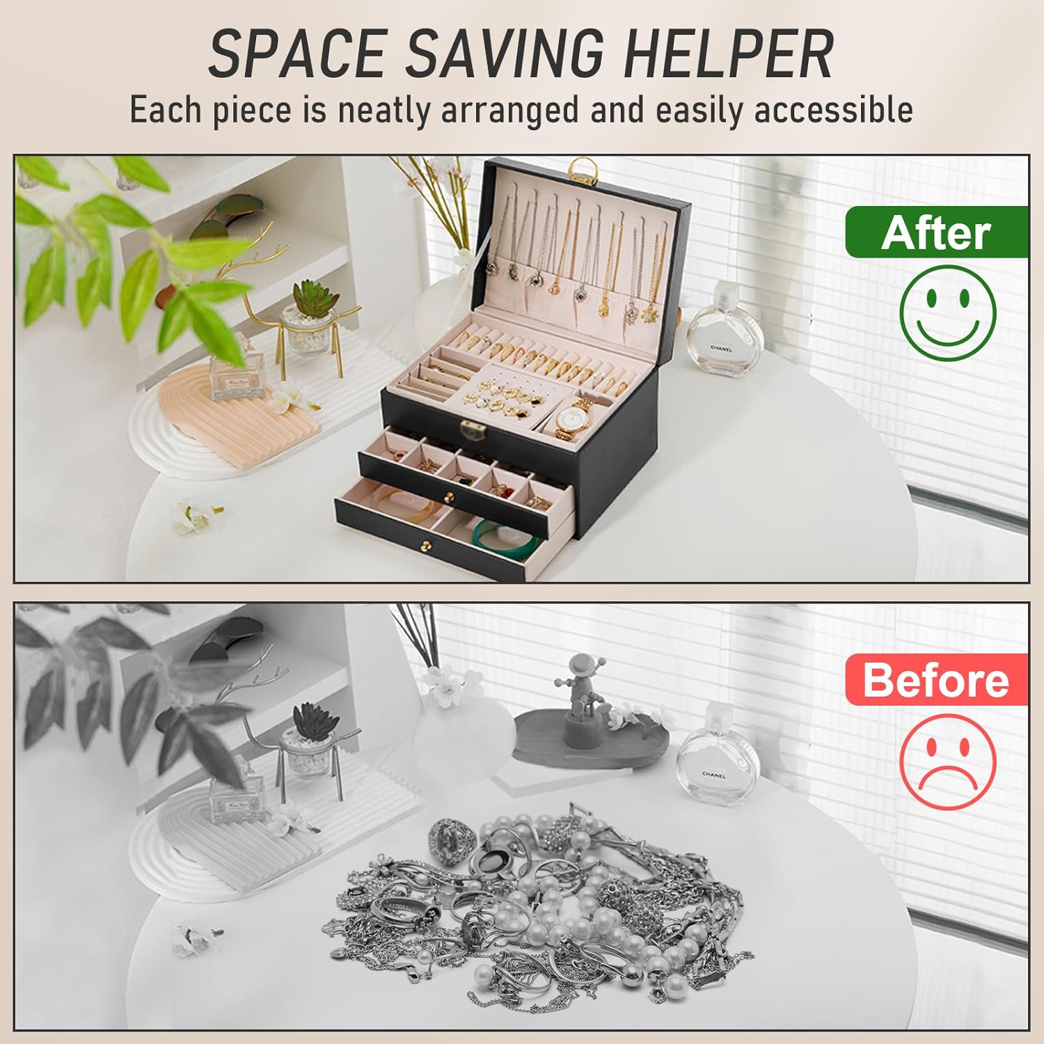 Jewelry Box for Women and Girls,3 Layer Large Jewelry Organizer With Removable Tray,Velvet Lined Jewelry Storage Case Pu Leather with Lock for Rings Earrings Necklace Bracelet Watch(Black) - Image 4