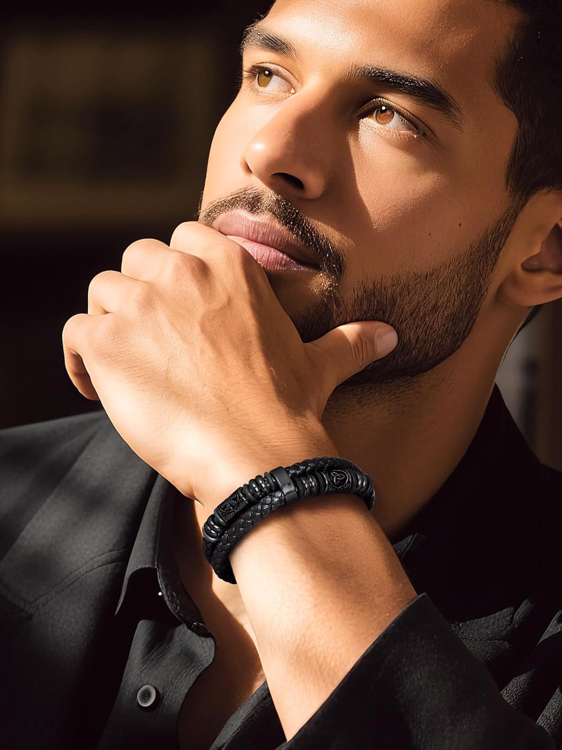 Bandmax Mens Double Row Black Braided Leather Wristband Stainless Steel Beaded Double Layer Leather Cord Wristband Bangle Gift for Men - Image 4