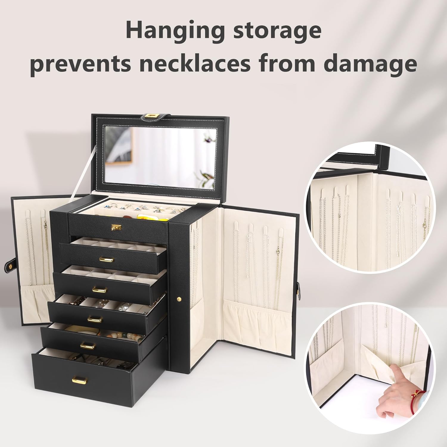 Kendal Extra Large Jewelry Box with Mirror, 32x17x30cm Multi-Layer Jewelry Organizer with Side Compartments & Drawers, PU Leather Storage Case for Rings, Earrings, Bracelets & Watches (Classic Black) - Image 3