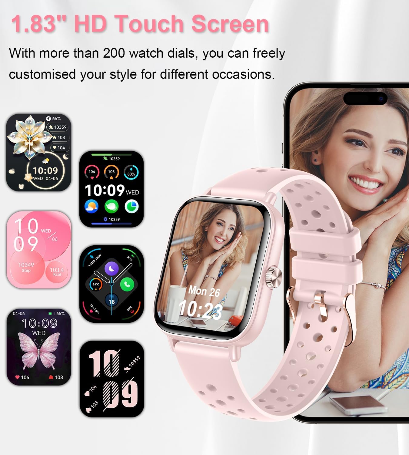 Smart Watch, Colesma Smart Watch for Women 1.83" Fitness Tracker, Bluetooth Call, DIY Dial, Heart Rate SpO2 Steps Sleep Monitor, 120+ Sports Modes, IP68 Waterproof Smartwatch for Android & iOS Pink - Image 2
