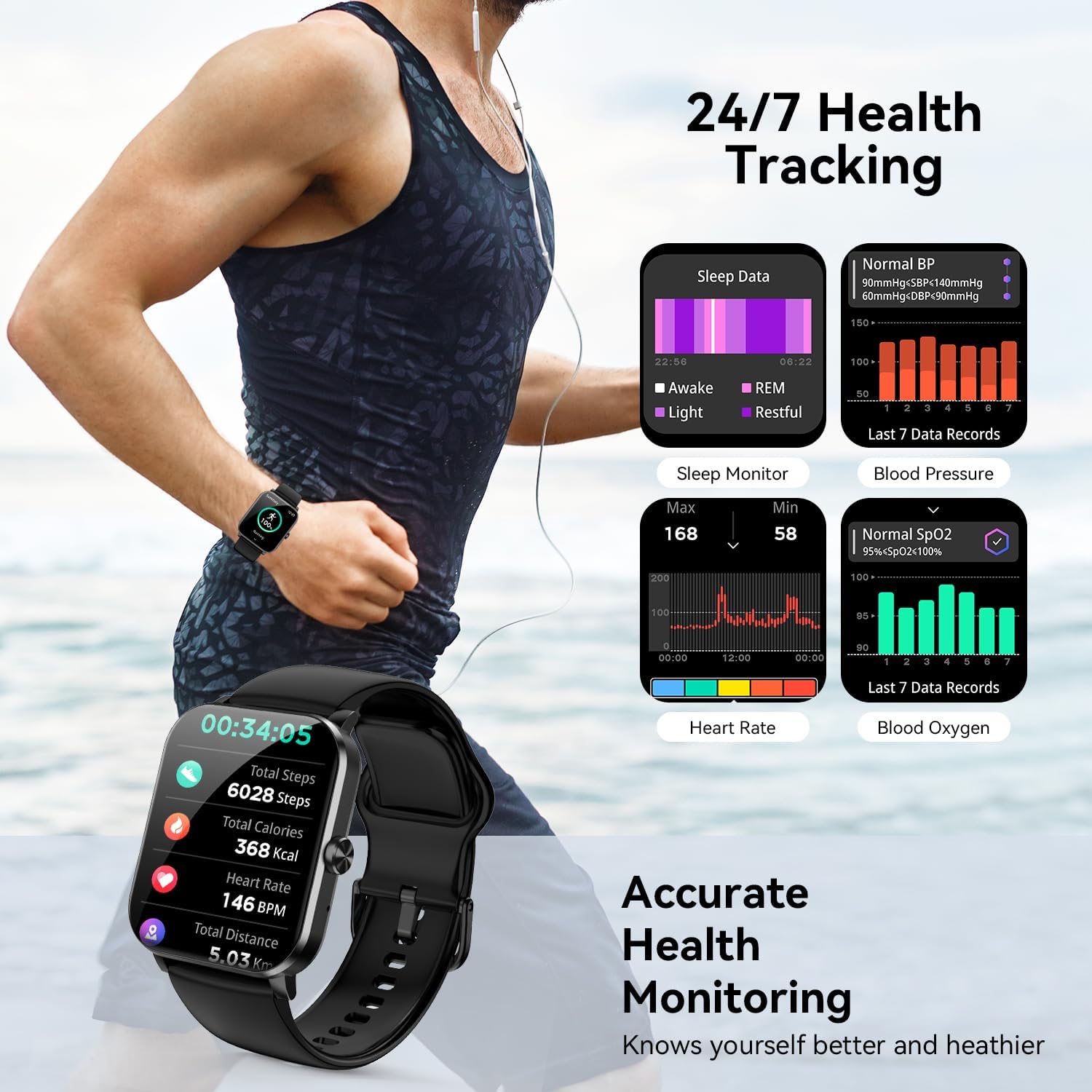Smart Watch for Men Women, 1.85" HD Touch Screen with Bluetooth Calling, 120+ Sports Modes, Heart Rate/Sleep/SpO2 Monitor, IP68 Waterproof, Compatible with iOS/Android (Black) - Image 3