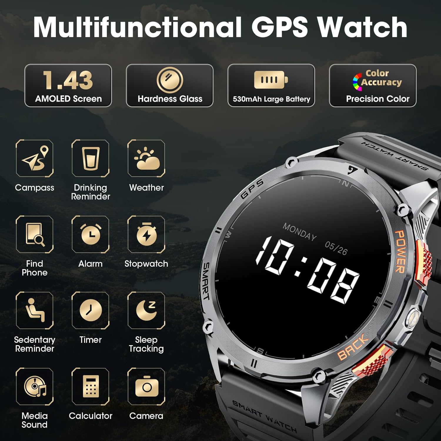 Military Smart Watch for Men with GPS, 1.43" AMOLED Bluetooth Call Smartwatch with LED Flashlight, Rugged Smart Watches for Android iOS, IP68 Waterproof Fitness Tracker with Heart Rate - Image 7