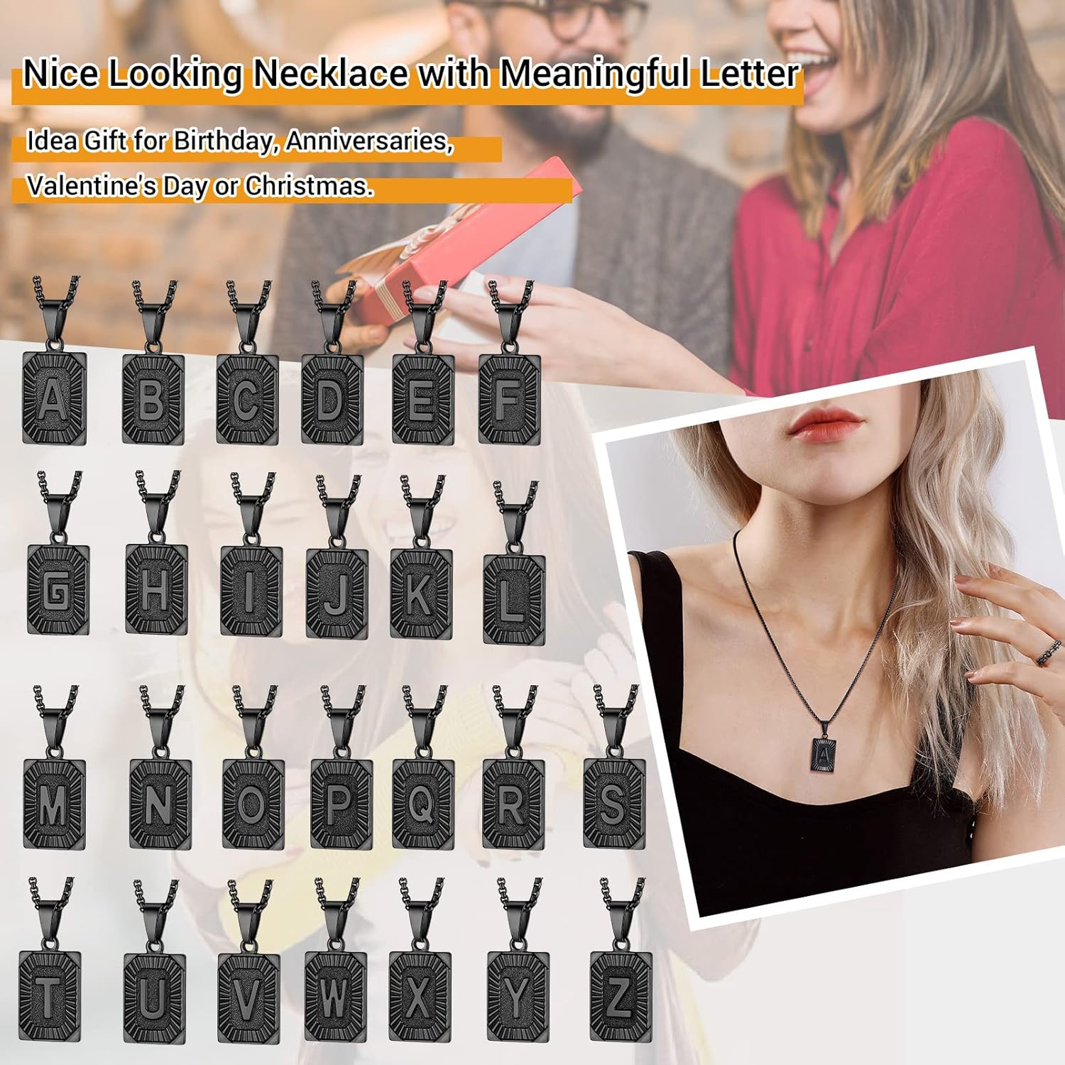 Initial Letter Pendant Necklace for Men Women, Capital Letter Necklaces A to Z, Black/Yellow Gold Plated Stainless Steel Jewelry, Customize Text Available, Box Chain 20-22 inch Adjustable - Image 6