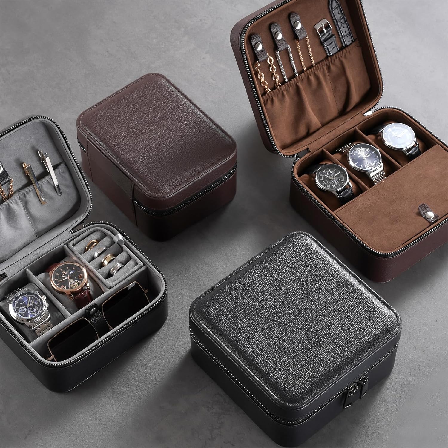 ProCase Travel Watch Case, 3 Slots PU Leather Mens Jewelry Box, Portable Watches Cufflinks Accessories Storage Case, Zippered Carrying Organizer Bag for Man -Brown - Image 7