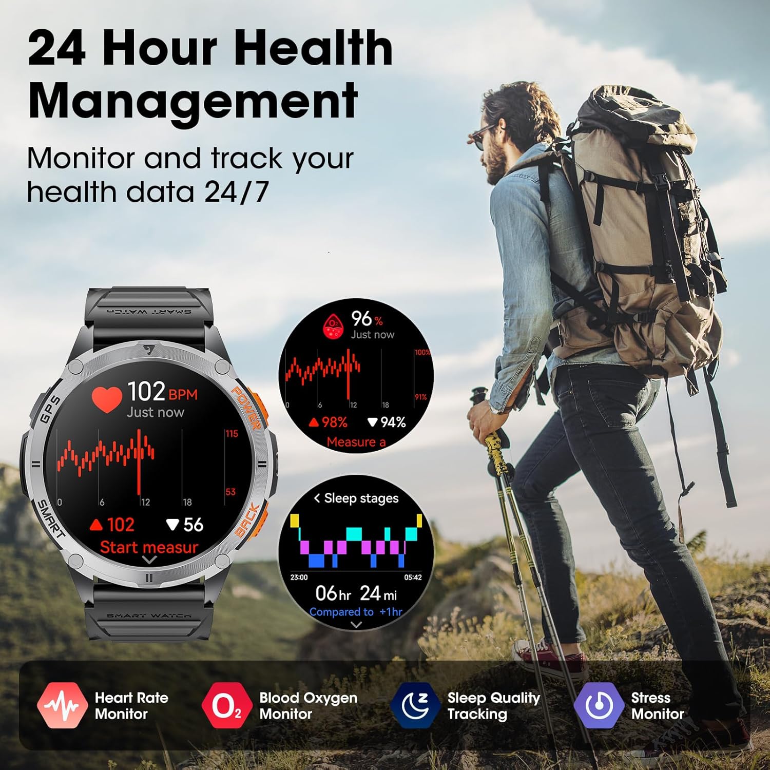 Military Smart Watch for Men with GPS, 1.43" AMOLED Bluetooth Call Smartwatch with LED Flashlight, Rugged Smart Watches for Android iOS, IP68 Waterproof Fitness Tracker with Heart Rate - Image 4