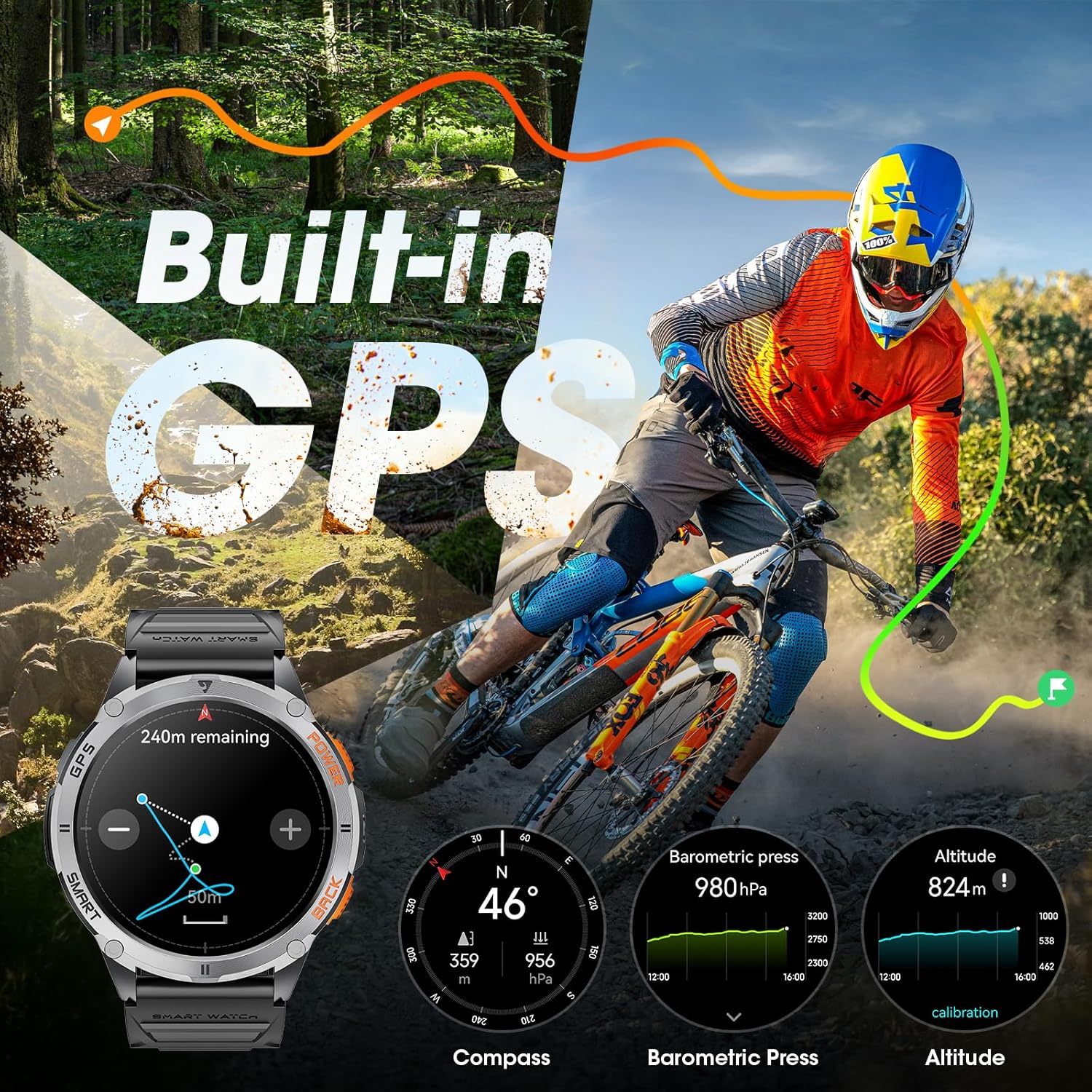 Military Smart Watch for Men with GPS, 1.43" AMOLED Bluetooth Call Smartwatch with LED Flashlight, Rugged Smart Watches for Android iOS, IP68 Waterproof Fitness Tracker with Heart Rate - Image 2