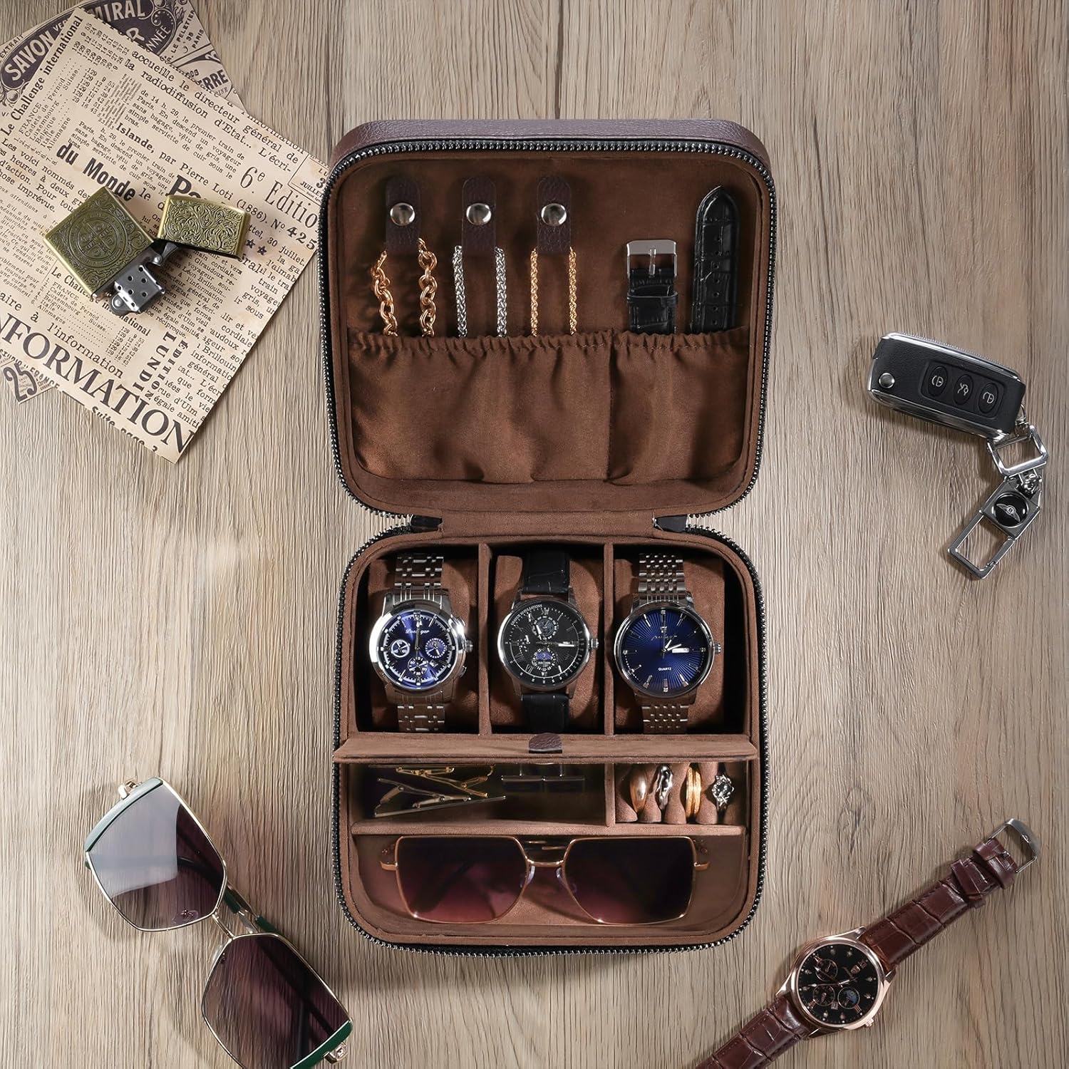 ProCase Travel Watch Case, 3 Slots PU Leather Mens Jewelry Box, Portable Watches Cufflinks Accessories Storage Case, Zippered Carrying Organizer Bag for Man -Brown - Image 8