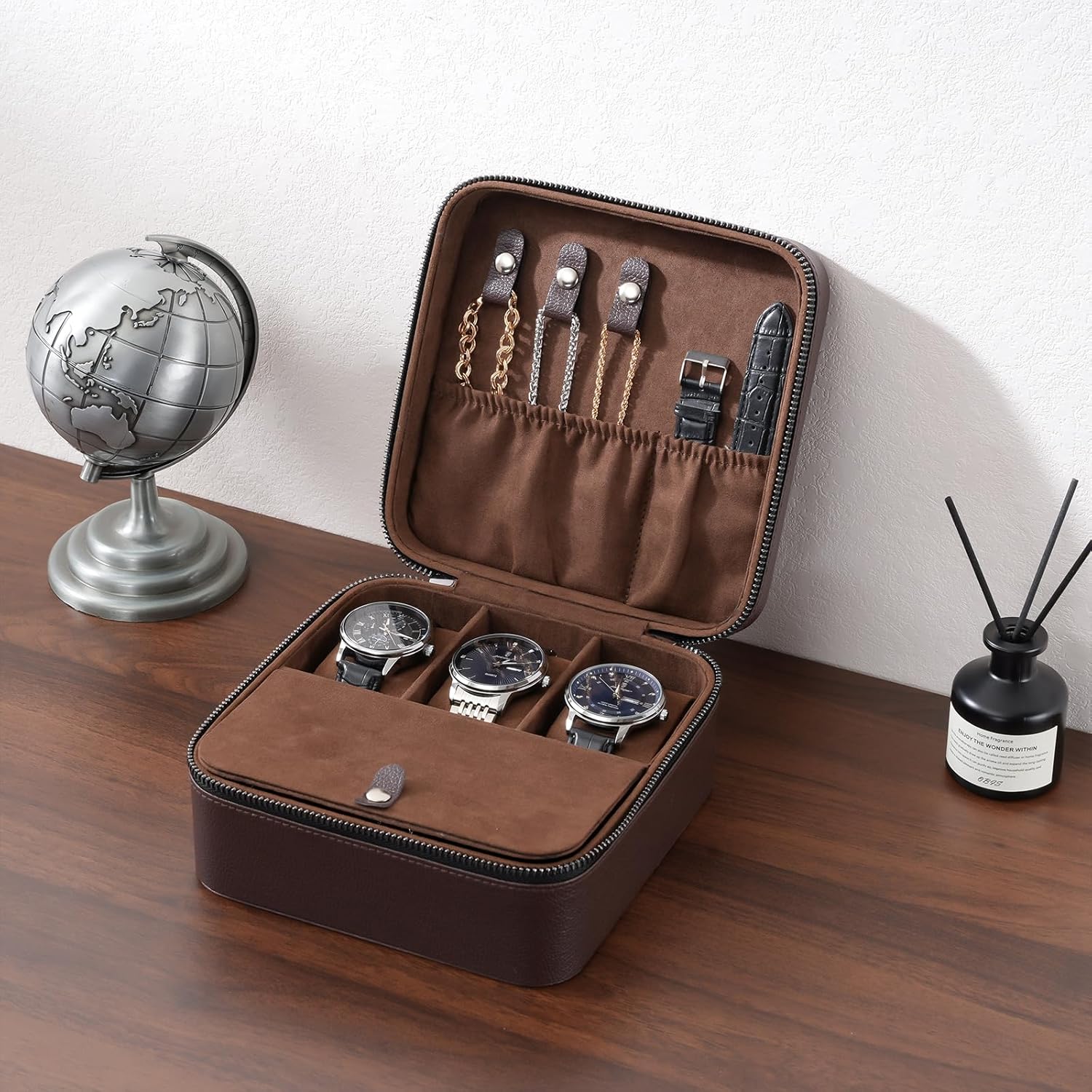 ProCase Travel Watch Case, 3 Slots PU Leather Mens Jewelry Box, Portable Watches Cufflinks Accessories Storage Case, Zippered Carrying Organizer Bag for Man -Brown - Image 5