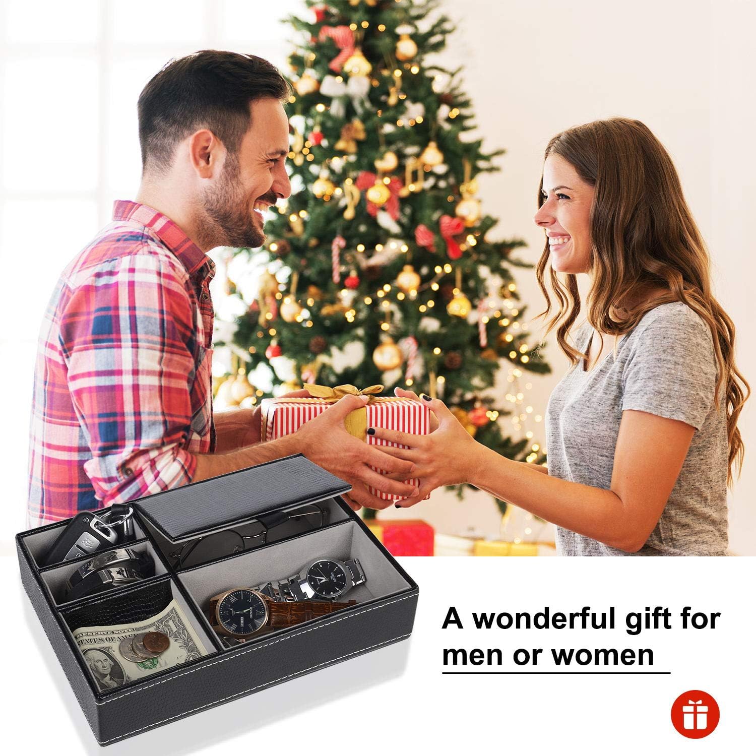 Baoyun Mens Valet Tray Organizer Leather Valet Box EDC Catch all tray with 5 Compartments for Wallet Key Phone Dresser Top Nightstand Organizer Valentines Day Gift for him (Grey & Black) - Image 2