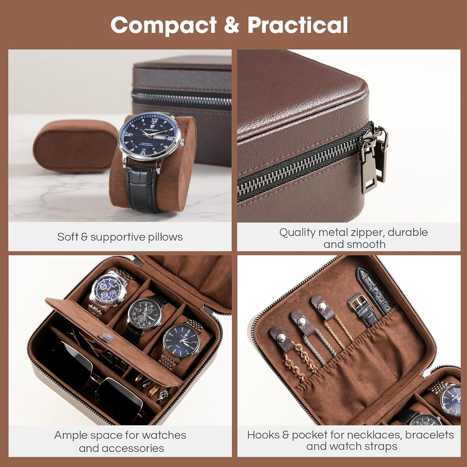 ProCase Travel Watch Case, 3 Slots PU Leather Mens Jewelry Box, Portable Watches Cufflinks Accessories Storage Case, Zippered Carrying Organizer Bag for Man -Brown - Image 4