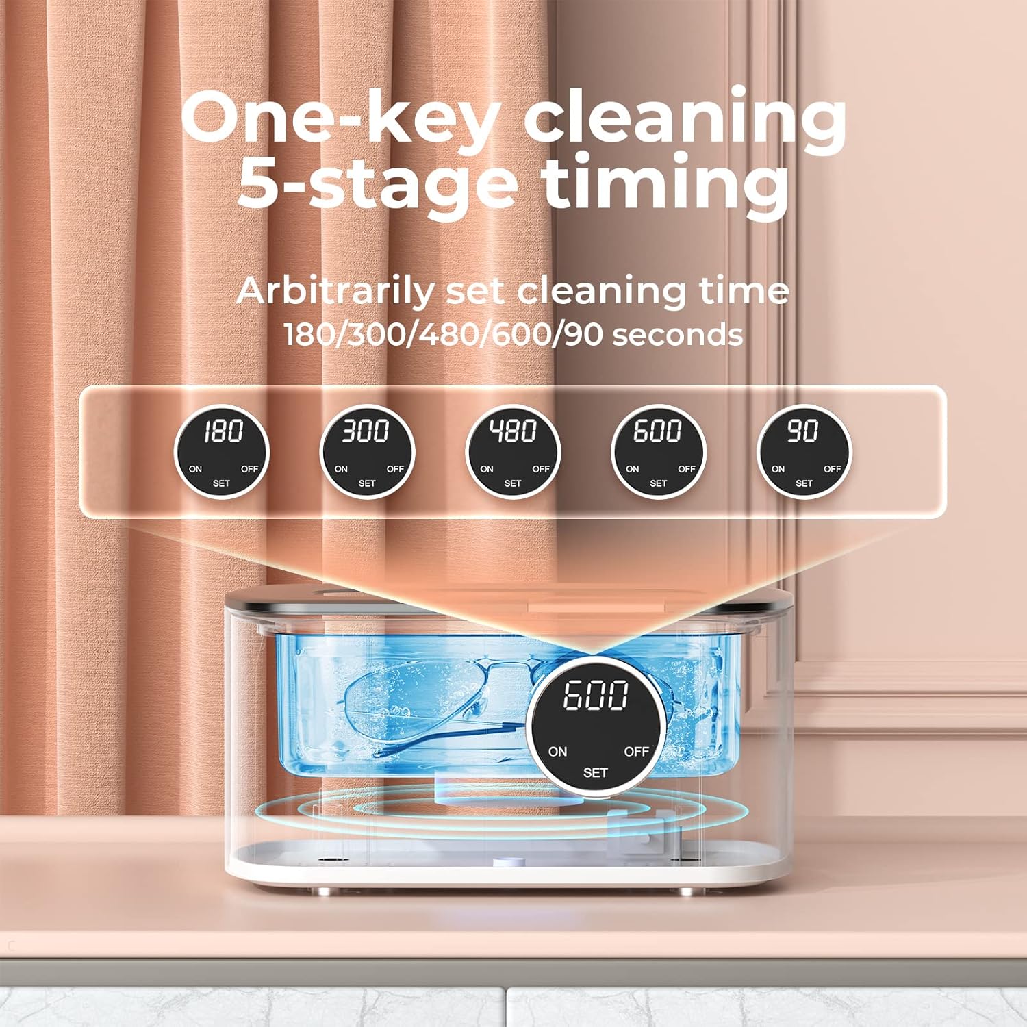 Ultrasonic Jewelry Cleaner, Ultrasonic Cleaner with 600ML Large Capacity, Jewelry Cleaner Machine with 5 Digital Timer, Basket and Holder, Ultra Sonic Cleaner for Jewelry, Glasses, Ring, Watch Strap - Image 3