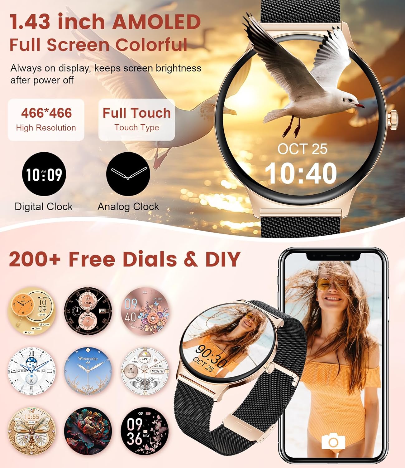 Smart Watch for Women Ultra-Slim with AMOLED Screen Answer/Make Call Always-on Display 100+ Sport Modes Pedometer/Calorie/Menstruation Android iOS Smartwatch for Woman Girl - Image 6